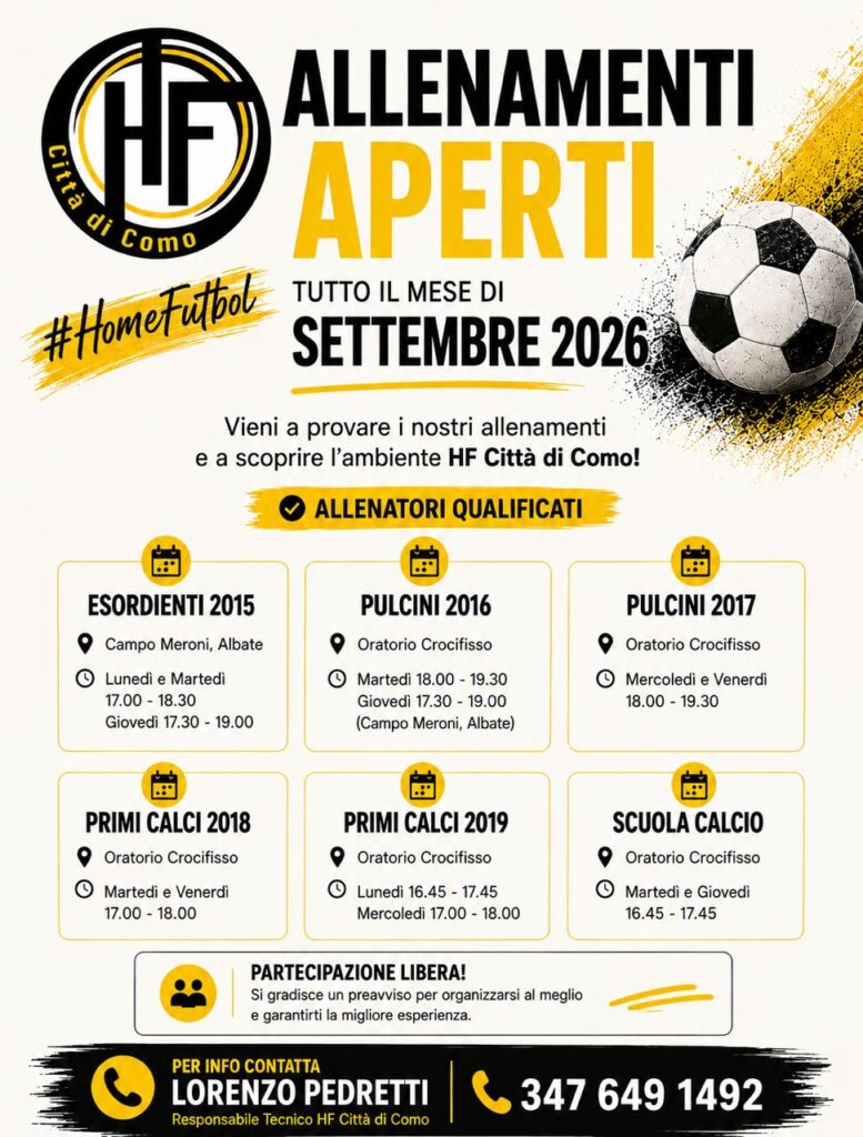 Locandina degli allenamenti aperti di HF Città di Como per tutto il mese di settembre 2026, con orari e campi di ogni annata