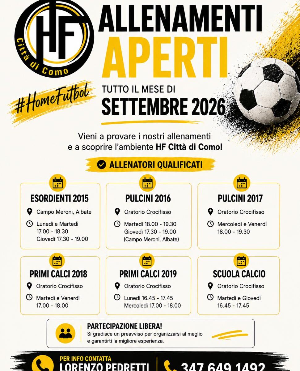 Locandina degli allenamenti aperti di HF Città di Como per tutto il mese di settembre 2026, con orari e campi di ogni annata