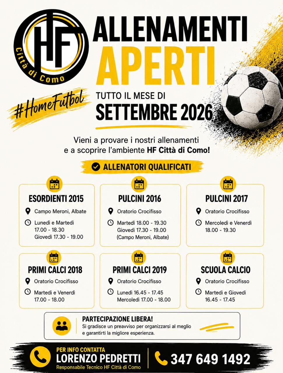Locandina degli allenamenti aperti di HF Città di Como per tutto il mese di settembre 2026, con orari e campi di ogni annata